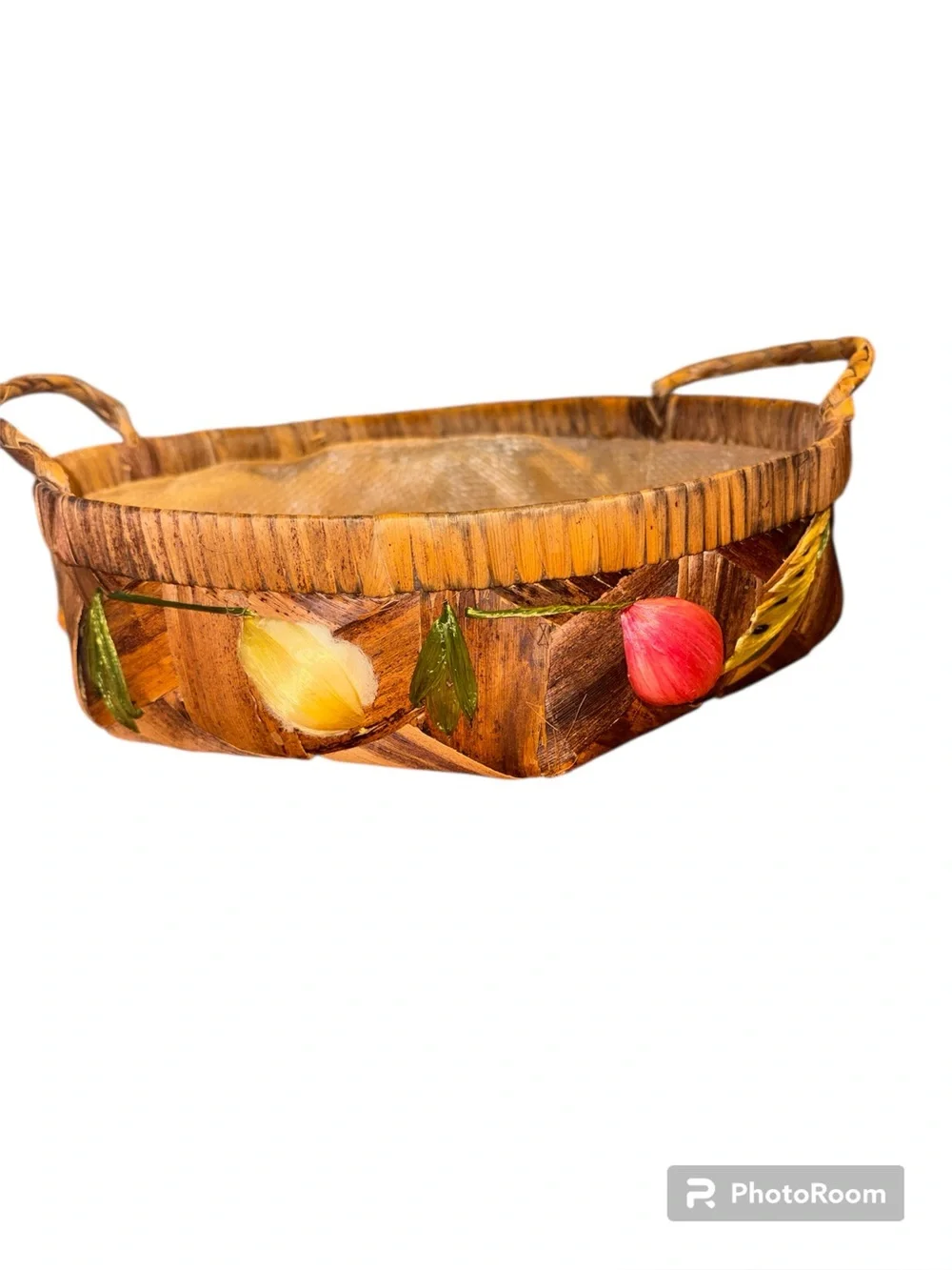 Vintage Woven Straw Basket with 3D Raffia Tulip Flowers Boho Cottagecore 70s
